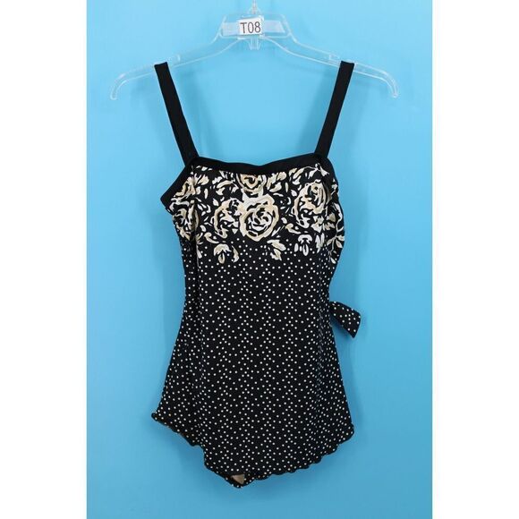 MAXINE VINTAGE SWIMSUIT SIZE 14 BLACK GOLD WHITE BUTTON ADJUSTABLE SWIMDRESS 1PC - Picture 7 of 9